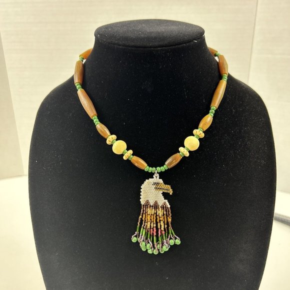 Celluloid Beaded Eagle Pendant Hand Made Vintage Necklace Boho Native Rare 16" - Picture 1 of 11